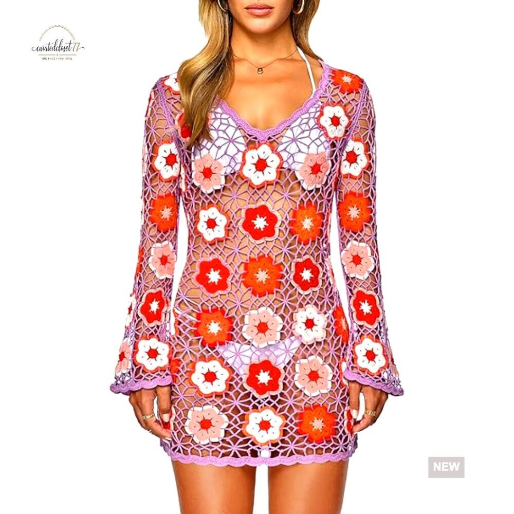 Medium Crochet Cover-Up Dress with 3D Floral Embroidery Bell Sleeves